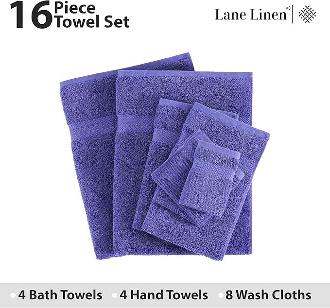 LANE LINEN 100% Mercerized Cotton Bathroom Towel Set - 16 Pieces, Hotel Quality - Super Soft & Highly Absorbent - Ring Spun - 4 Bath Towels, 8 Washcloths, 4 Hand Towels - Family Pack - Blue Irish