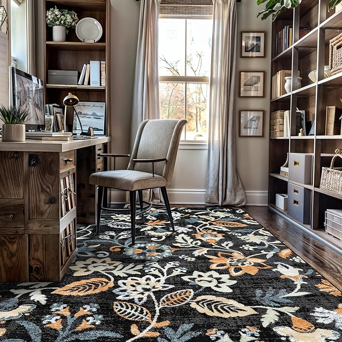 Rugshop Vine Floral Area Rug Modern for Living Room, Bedroom, or Entryway Black Multi 5' x 7' Black