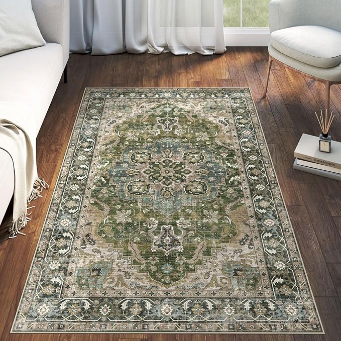 3x5 Washable Area Rug - Small Entryway Rug Non-Slip Moss Green Vintage Oriental Kitchen Rugs Low Pile Boho Carpet Throw Rugs for Living Room Bedroom Bathroom Entrance Dorm Office Home Decor