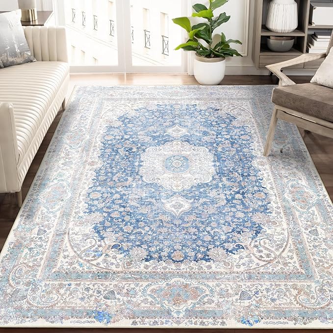 5x7 Area Rugs Washable,Blue Rug for Living Room Bedroom Kitchen,Large Boho Vintage Bohemian Distressed Carpet Non Slip,Floral