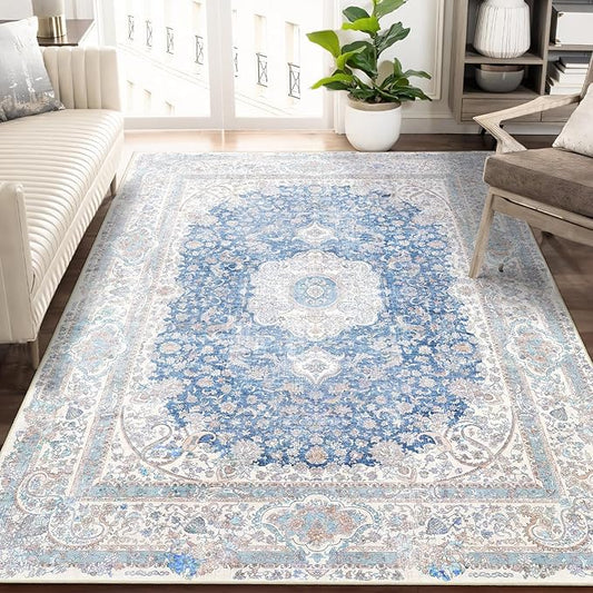 5x7 Area Rugs Washable,Blue Rug for Living Room Bedroom Kitchen,Large Boho Vintage Bohemian Distressed Carpet Non Slip,Floral