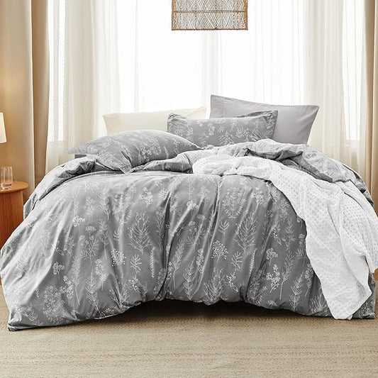 Bedsure King Comforter Set - Grey Bed Set, 3 Pieces Cute Floral Bedding, 1 Soft Reversible Botanical Flowers Comforter and 2 Pillow Shams