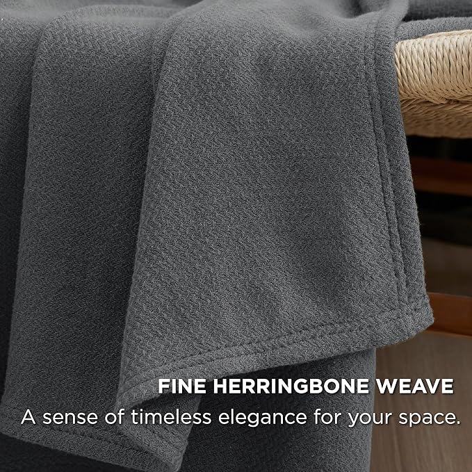 Bedsure GentleSoft 100% Cotton Large Throw Blanket for Couch 50x70 inches - Breathable and Lightweight, Soft Cozy Herringbone Woven Cotton Throw for Summer, Dark Grey Office Chair Blanket