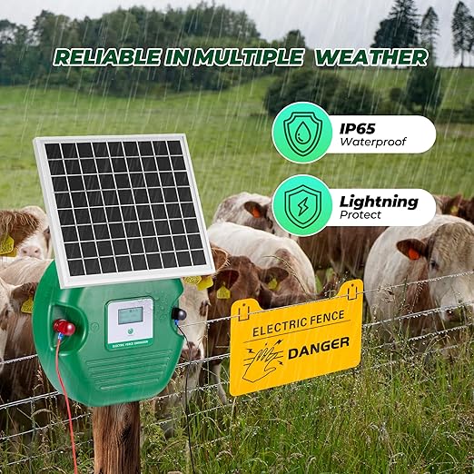 CURECURE Solar Electric Fence Charger with 8100mAh Lithium Battery, 10W Solar Panel, Easy Installation, 6 Miles Range, 1.5 Joules, LED Display, Use for Livestock, Pet, Farm, Garden