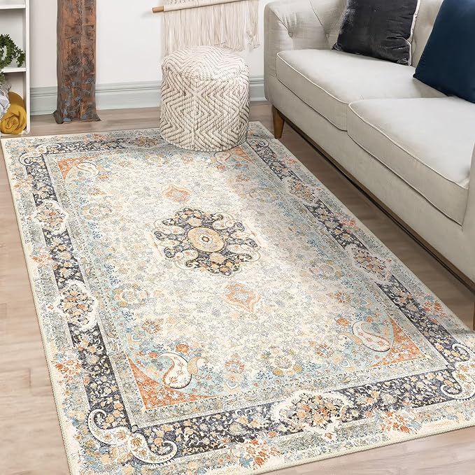 Vantage Rug 3x5,Washable Area Rugs for Bedroom Living Room Kitchen Entryway,Small Boho Bohemian Distressed Non Slip Carpet,Retro Blue Grey Floral