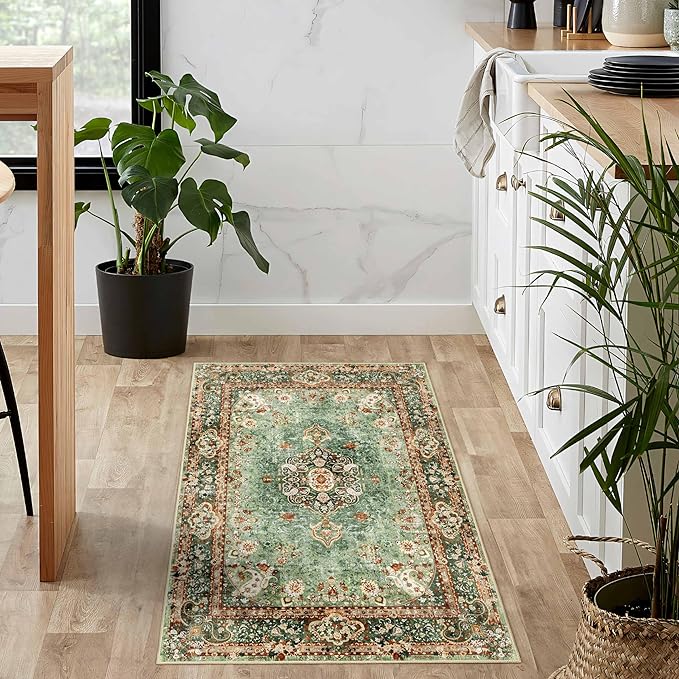 Small Rugs 2x3,Green Rug for Entryway Bathroom Bedroom Kitchen Entrance Doormat,Boho Vintage Bohemian Distressed Washable Oriental Accent Floor Throw Carpet Non Slip