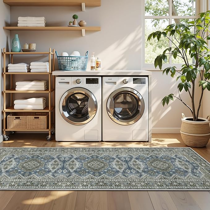 Rugland 2'6x8' Runner - Stain Resistant Entryway Rug, Anti Slip Backing Hallway Runner Rug, Vintage Tribal Area Rugs (TPR07-Green, 2'6x8')