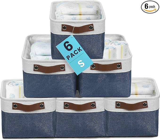 OrganiHaus Small Fabric Storage Baskets for Shelves 6 Pack, 12x8in Closet Storage Bins for Shelves, Cloth Baskets for Organizing, Linen Closet Organizers, Fabric Basket, Navy Blue/White
