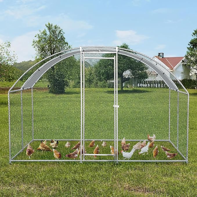 VINGLI Chicken Coop, Large Metal Poultry Cage for Chicken Run, Walk-in Chicken Pen with Waterproof & Anti-UV Cover Outdoor (Silver-Dome Roof, 9.8 * 9.8 * 6.5 ft)