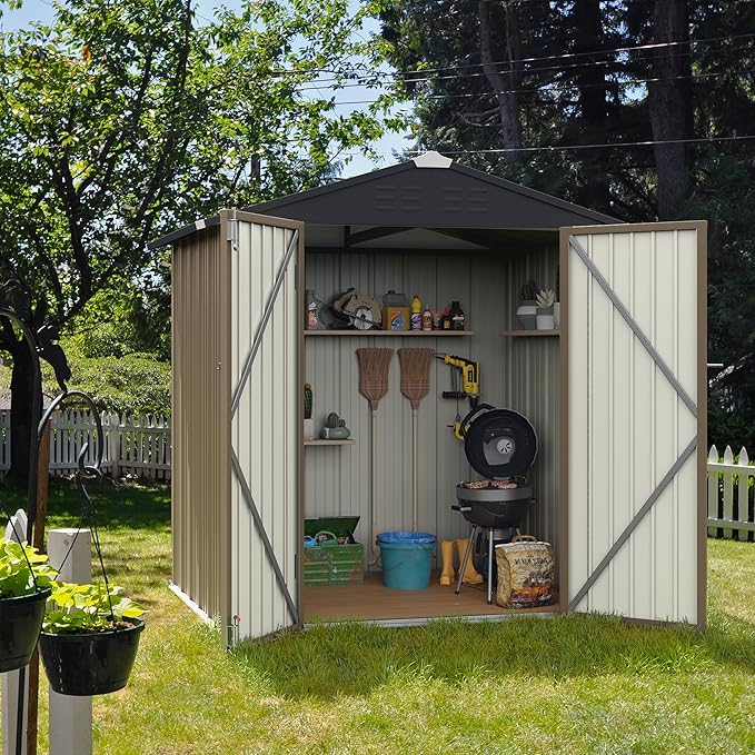 Flamaker 6x4 FT Storage Shed Waterproof Metal Garden Shed with Lockable Door Utility Tool Shed Outdoor Storage for Backyard, Patio and Lawn, Brown
