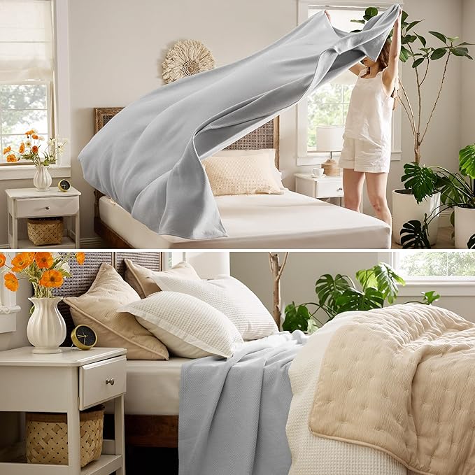 Bedsure GentleSoft 100% Cotton Blanket Queen Size for Bed - Breathable and Lightweight, Soft Cozy Textured Herringbone Woven Blanket for Summer, Grey, 90x90 inches