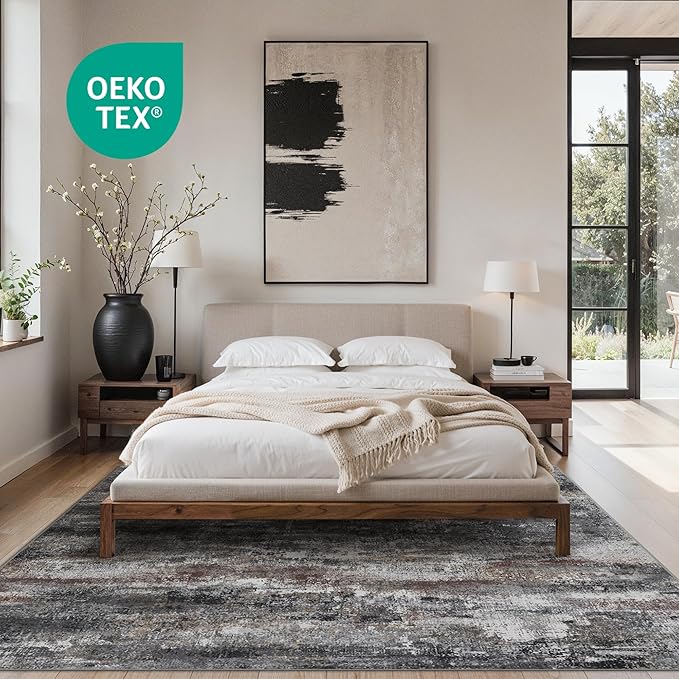 GENIMO 6x9 Area Rugs for Living Room, Modern Abstract Low Pile Rug with Non-Slip Pad, Crease-Resistant Soft Floor Carpet, Single-Piece Rugs for Bedroom, Dining Room, Office, Dark Gray Brown