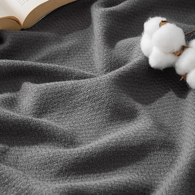 Bedsure 100% Cotton Blanket Full Size for Bed - Breathable and Lightweight, Soft Cozy Textured Herringbone Woven Blanket for Summer Spring, Dark Grey, 80x90 inches