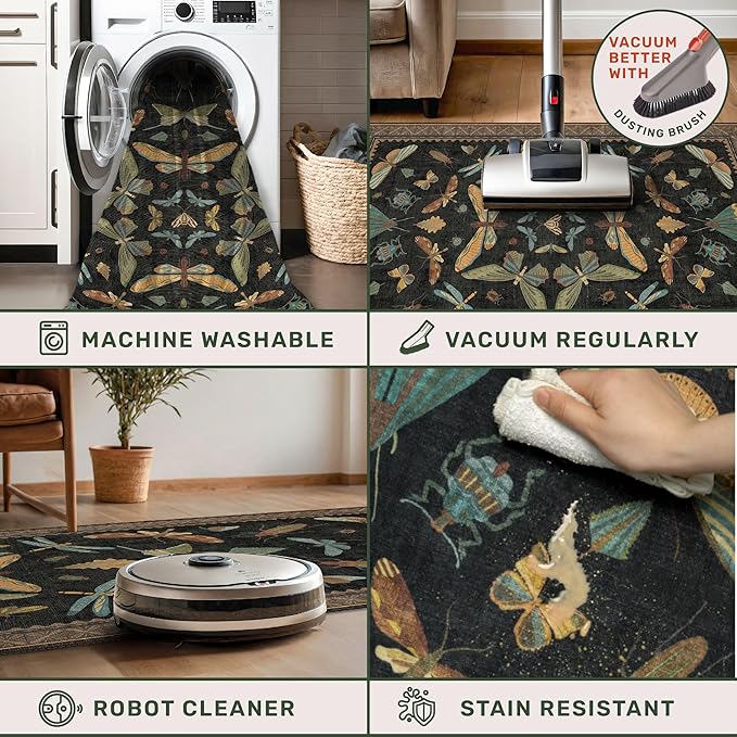 Large Black Rug for Living Room - Area Rugs 9x12 Dining Room Table, Large Bedroom Under Bed, Unique Insect Bug Home Décor, Foldable Soft Stain Resistant
