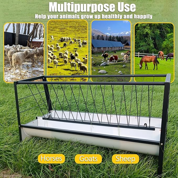 Pasture Feeder Black, 5-Feet Long, 77 Gallon Capacity Livestock Feeder with Deeper Feeding Pan, All Steel Frame, Easy to Assemble and Carry, Feeding Goats, Sheep for Farms, Sheep Sheds