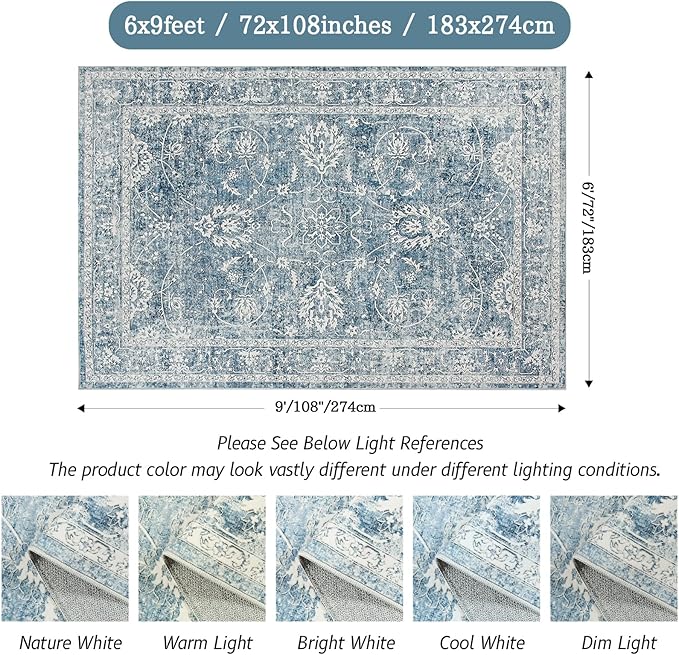Madane Washable 6x9 Area Rugs for Living Room, Vintage Rug with Non-Slip Backing, Soft Stain Resistant Throw Rugs Thin Carpet for Bedroom Dining Room Farmhouse (6 x 9, Cadet Blue)