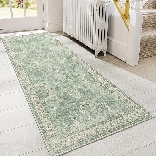 GENIMO 2x5 Runner Rugs for Hallway, Machine Washable Non Slip Vintage Rugs, Low Pile Lightweight Soft Print Rug for enrtyway, Corridor, Home Office, Kitchen, Light Green