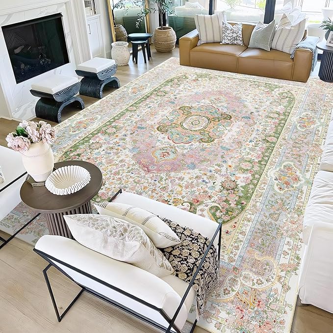 9x12 Area Rugs Washable,Pink Rug for Living Room Bedroom Dining Room,Large Boho Vintage Bohemian Distressed Carpet Non Slip,Blush Green