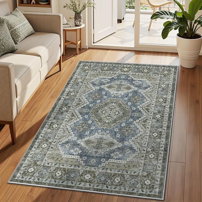 Rugland 3x5 Rug - Stain Resistant Washable Rug, Anti Slip Backing Rugs for Living Room, Vintage Tribal Area Rugs (TPR07-Green, 3'x5')