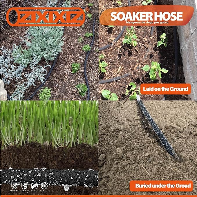 100FT Heavy-Duty 1/2 Inch Soaker Hose with 3/4 Inch Solid Brass Connector - Leakproof Garden Watering System for Gardens, Lawns, Flower & Vegetable Beds