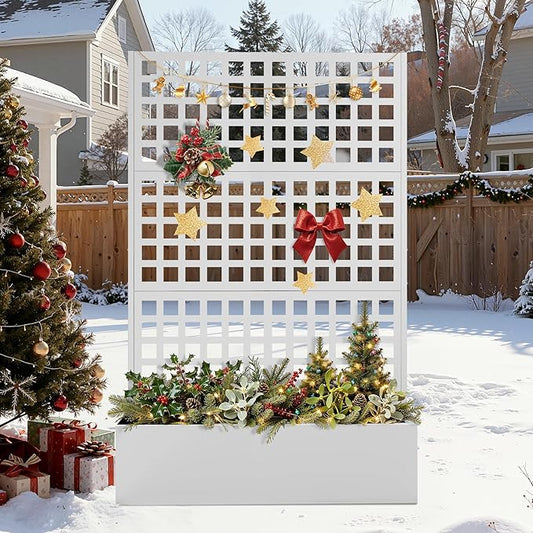 FENCY Metal Raised Garden Bed with Trellis, Metal Planter Box with Trellis, Garden Box for Climbing Plants Vegetable, 47''Lx16''Wx71''H Garden Bed with Drainage Holes(White)