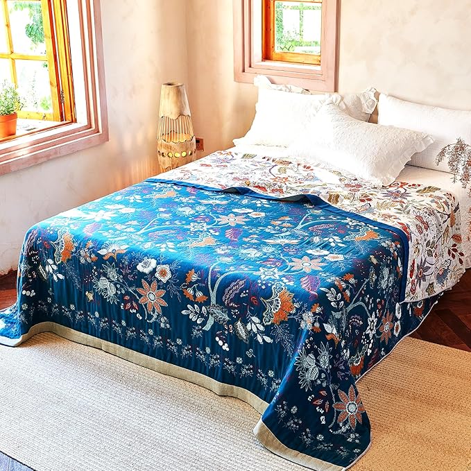 Boho Throw Blanket, 100% Organic Cotton Breathable Skin-Friendly Ultra Soft Bed Quilt Throw - All Season Floral Farmhouse Décor Luxury Blanket for Sofa Couch Chair and Gift. 80" x 90"