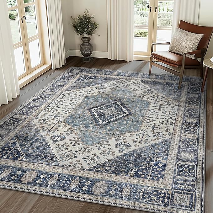GENIMO 5X7 Area Rugs for Living Room, Machine Washable Non Slip Vintage Rugs, Low Pile Lightweight Chenille Print Rug for Bedroom, Dining Room, Home Office, Navy/Cream