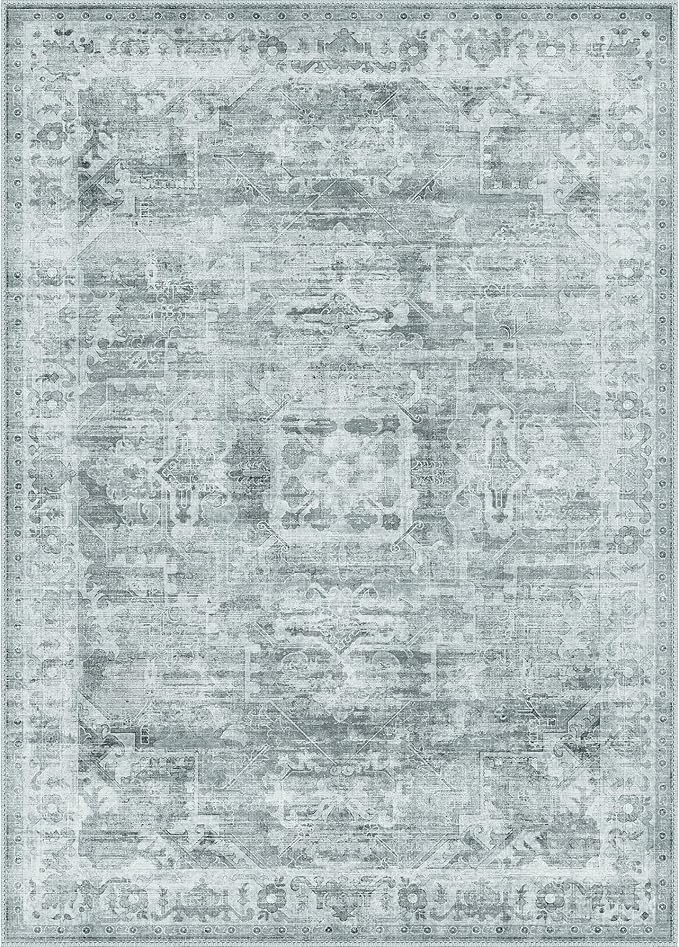 GENIMO Machine Washable 8x10 Area Rugs for Living Room, Non Slip Vintage Rugs, Low Pile Lightweight Chenille Print Rug for Bedroom, Dining Room, Home Office, Blue Gray