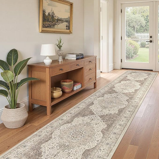 Washable 3x14 Hallway Runner Rug - Vintage Floral Stain & Fade Resistant Non-Slip Backing Ultra-Thin Long Carpet for Entryway, Bedroom, Kitchen, Corridor Decor (Brown/Beige)