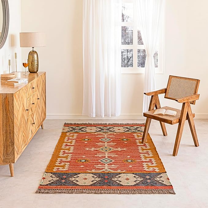 Jute Traditional Kilim Rug Boho Flatweave Area Rug for Living Room, Living Room Entryway, Tribal Series, 10'x14'