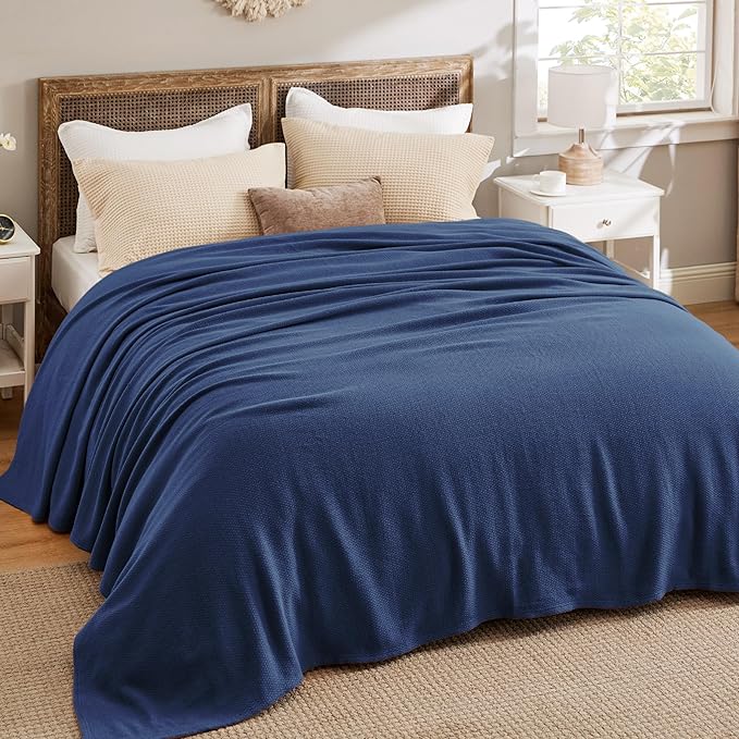 Bedsure GentleSoft 100% Cotton Large Blanket Oversized King for Bed 120x94 inches - Breathable Soft Cozy Herringbone Woven Blanket for Summer, Couch Cover, Navy Blue