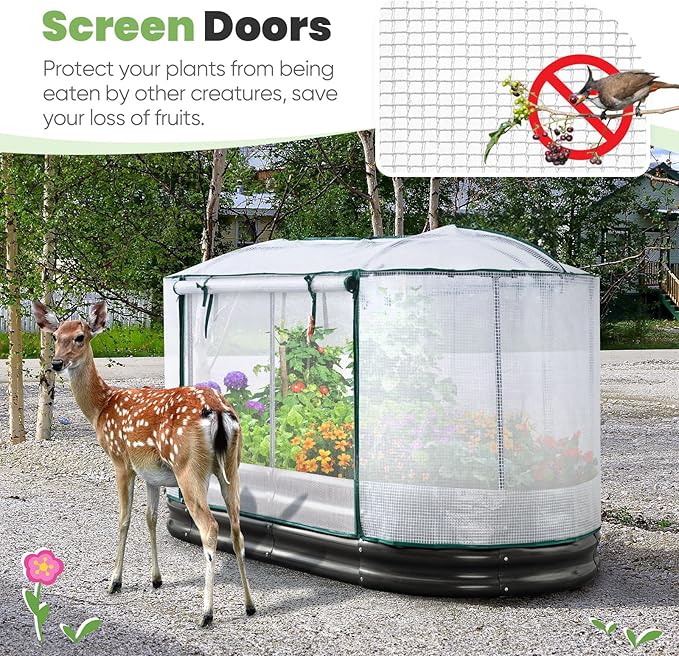 KING BIRD Raised Garden Bed with Cover Galvanized Oval Planter Garden Box Outdoor for Gardening, Vegetables, Flowers 71x36x12 in, White