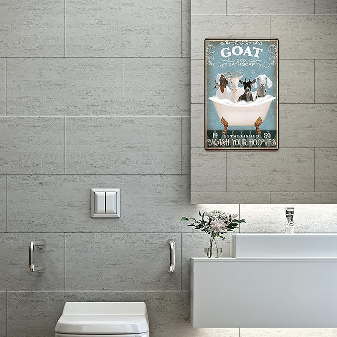 Funny Goat Bathroom Decor - Goat Lovers Accessory - Farm Themed Metal Wall Art Poster - 8x12 Inch