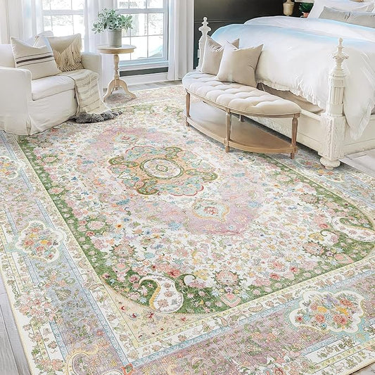 9x12 Area Rugs Washable,Pink Rug for Living Room Bedroom Dining Room,Large Boho Vintage Bohemian Distressed Carpet Non Slip,Blush Green