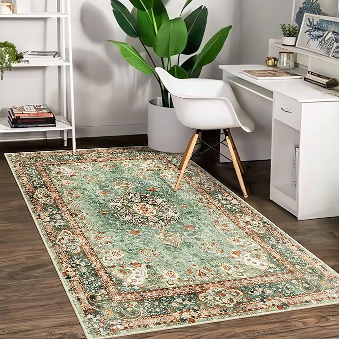 Green Rug 3x5,Washable Area Rugs for Bedroom Living Room Kitchen Entryway,Small Boho Vintage Bohemian Distressed Oriental Non Slip Carpet