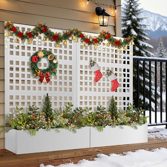 FENCY Metal Raised Garden Bed with Trellis, Metal Planter Box with Trellis, Garden Box for Climbing Plants Vegetable, 47''Lx16''Wx71''H Garden Bed with Drainage Holes(White)