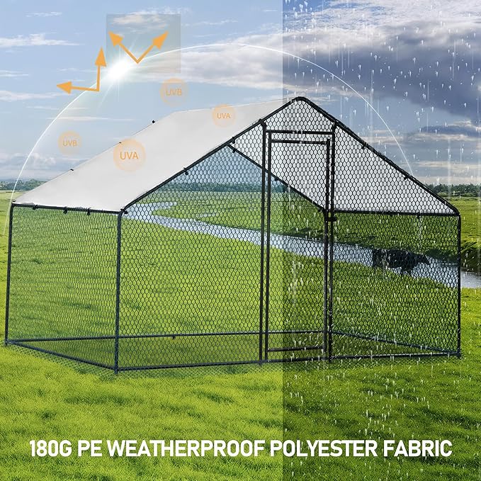 VINGLI Chicken Coop, Large Metal Poultry Cage for Chicken Run, Walk-in Chicken Pen with Waterproof & Anti-UV Cover Outdoor (Black-Spire Roof, 6.5 * 9.8 * 6.5 ft)