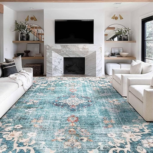 MUJOO 9’x12’ Area Rug Large Rugs for Living Room Teal Rug for Bedroom Dining Room Boho Rug Washable Rug Non Slip Big Carpet Abstract Soft Low-Pile Floral Flowers