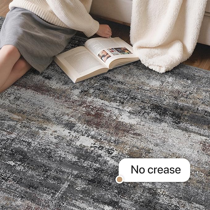 GENIMO 8x10 Area Rugs for Living Room, Modern Abstract Low Pile Rug with Non-Slip Pad, Crease-Resistant Soft Floor Carpet, Single-Piece Rugs for Bedroom, Dining Room, Office, Dark Gray Brown