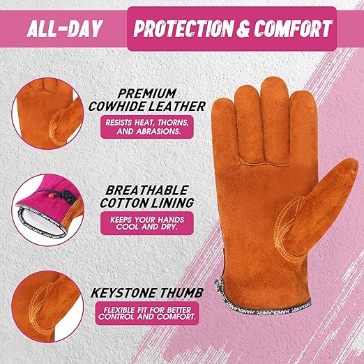 HANDLANDY HLDD 2 Pairs Leather Work Gloves for Men & Women – Cowhide Gardening Gloves, Thorn Proof, Cotton Lined, for Tig/Mig Welding, Construction, Chainsaw, Farm, Landscaping