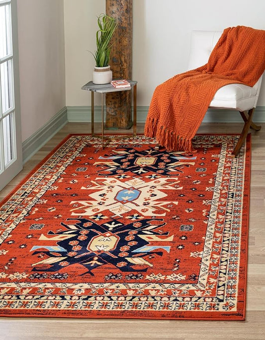 Unique Loom Taftan Collection Border Geometric Tribal Inspired Design Area Rug (4' 0 x 6' 0 Rectangular, Terracotta/ Ivory)