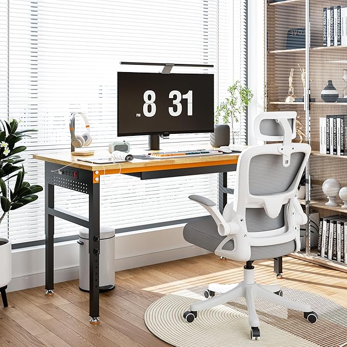 Betterhood 60" Adjustable Height Workbench, 2000 LBS Heavy Duty Work Table with Power Outlets & Pegboard, Rubber Wood Workstation for Garage, Workshop, Office, Home, Commercial