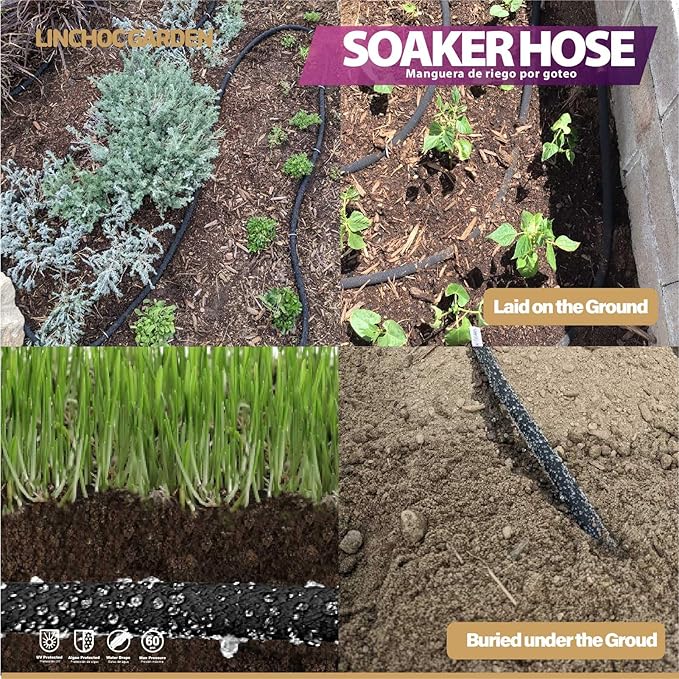 LICNCHOC GARDEN Soaker Hose 50ft,1/2 INCH Flexible Durable Garden Hose for Efficient Watering, Leak-Proof Design 100% Recycled Rubber,Ideal for Lawns,Gardens & Flower Beds