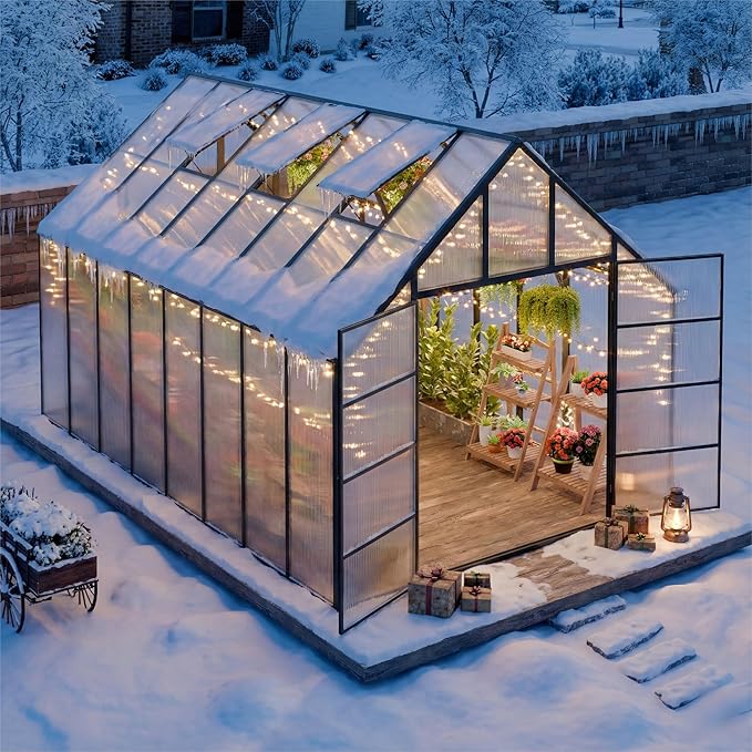 10'x10'x16' Snap-Together Greenhouse - Easy 3-Way Connectors, Heavy-Duty Aluminum Frame, Wind/Snow Resistant for Gardening/Urban Farming, Includes Sliding Door & Ventilation Windows