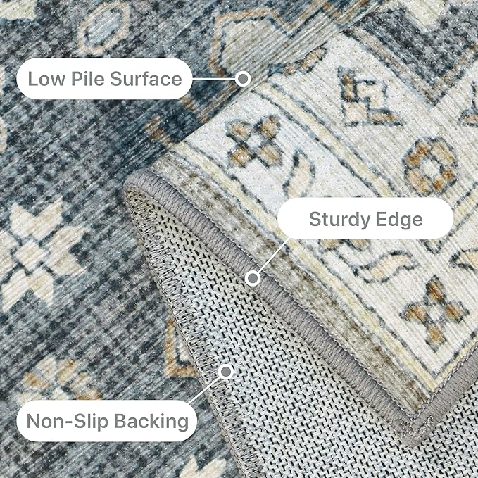 GENIMO Machine Washable 8x10 Area Rugs for Living Room, Non Slip Vintage Rugs, Low Pile Lightweight Chenille Print Rug for Bedroom, Dining Room, Home Office, Gray