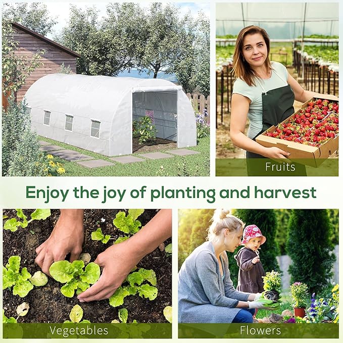Outsunny 20' x 10' x 7' Walk-in Tunnel Greenhouse with Zippered Door & 8 Mesh Windows, Large Garden Green House Kit, Galvanized Steel Frame, White