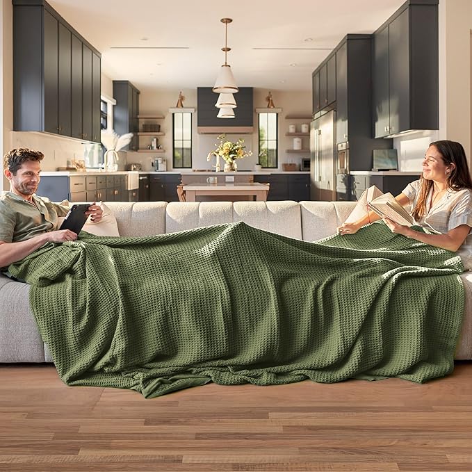 Bedsure Gentlesoft 100% Cotton Large Throw Blanket for Couch 50x70 inches - Breathable and Soft, Waffle Weave Throw Blanket for Office, Olive Green
