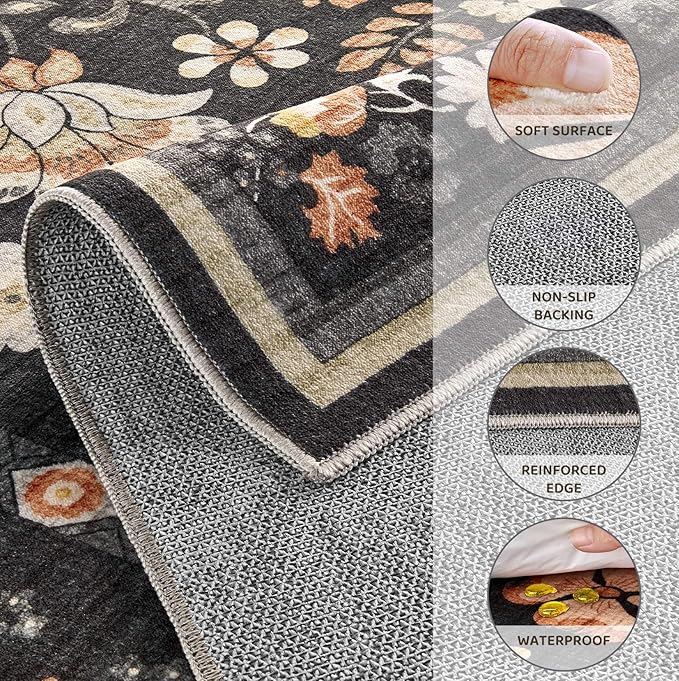 Runner Rug for Hallways Kitchen: 2x8 Washable Area Rug Boho Floral Soft Long Rug - Non-Slip Low Pile Throw Indoor Carpet for Entryway Kitchen Bedroom Laundry Bathroom - Black Grey