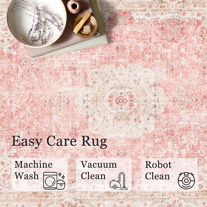 5x7 Area Rugs Washable,Pink Rug for Living Room Bedroom Kitchen,Large Boho Vintage Bohemian Distressed Carpet Non Slip,Blush