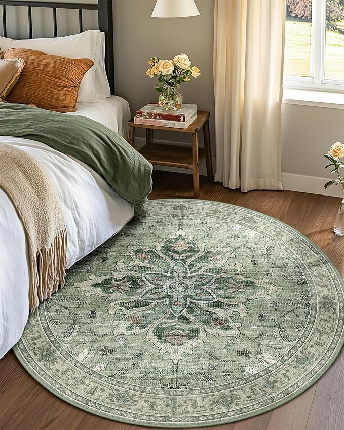 Area Rugs 5ft Washable Non-Slip, Floral Vintage Distress Print Pattern Medallion Carpet for Living Room Bedroom Dining Room, Dark Green Gray